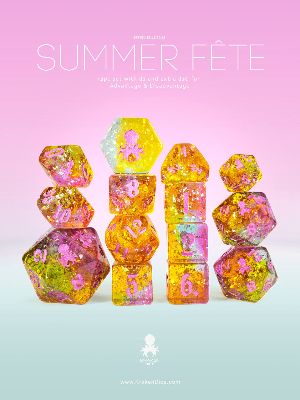 Summer Fête 14pc TTRPG Dice Set with pink ink